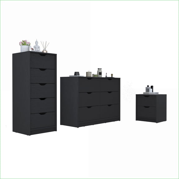 3-Piece Bedroom Furniture Set Nightstand + Dresser + Curio, Space-Saving | Black | Engineered Wood
