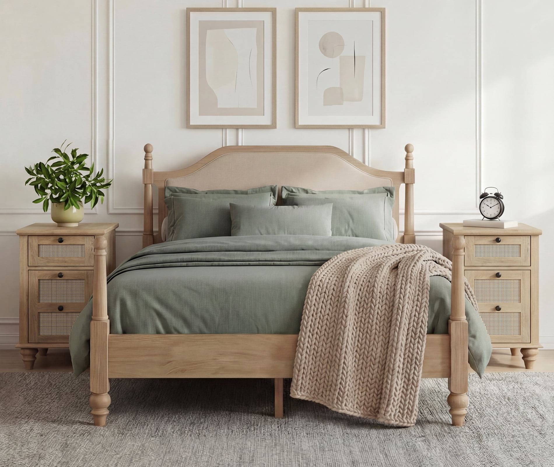 3 Piece Bedroom Furniture Set, Queen Bed Frame & 2 Rattan Nightstands, Charging Station, Drawer & Storage Cabinet, Oak