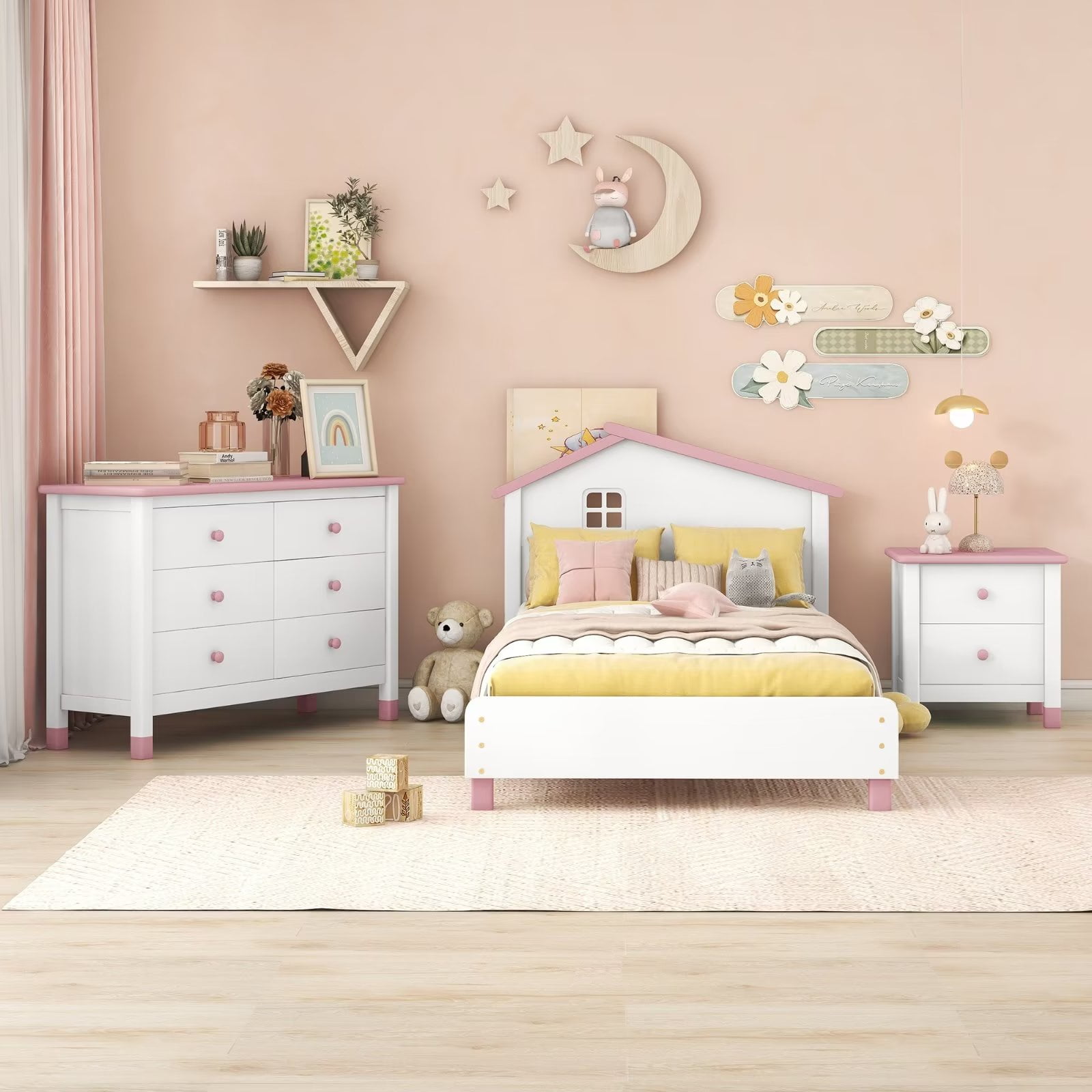 3 Piece Bedroom Furniture Set Twin Size Platform Bed Frame with Cute Nightstand Storage Six drawer Dresser for Kids Teens Bedroom No Box Spring