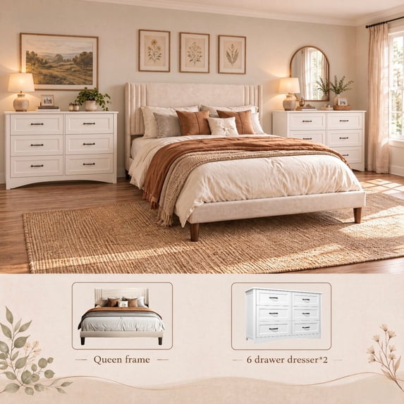 3-Piece Bedroom Furniture Set, including Queen Bed Frame, Dresser