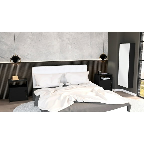 3 Piece Bedroom Furniture : Shoe Rack & 2 Nightstands In Black. Easy Assembly With Interlocking System. Pre-drilled Holes For Exact Assembly. Clear Guidance Included. Particle Board. 18.42" W X