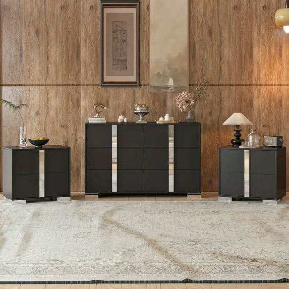 3-Piece Bedroom Set: 6-Drawer Dresser & 2 Nightstands with Metal Handles, Black Storage Furniture for Bedroom and Living Room Organization