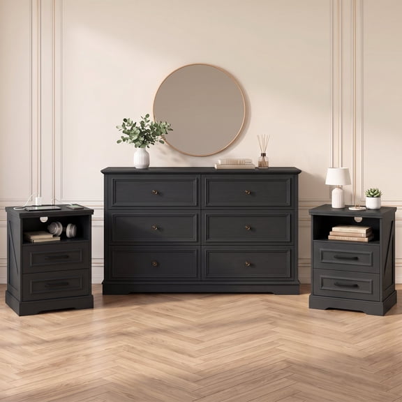 3-Piece Bedroom Set, 6 Drawer Dresser , 2 Pcs Nightstands, Black Dressers,Retro Dresser Set for Bedroom & Living Room