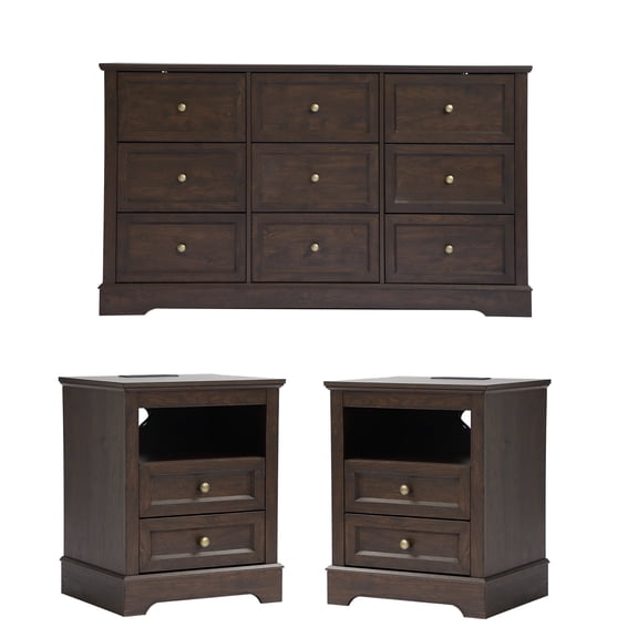 Limthesky Dresser and Nightstand set，3 PCS Bedroom Dressers Set, 9 Drawer Dresser & 2 Drawer Nightstands with Charging Station, Wood Chest with Anti-Tip Device for Bedroom, Brown