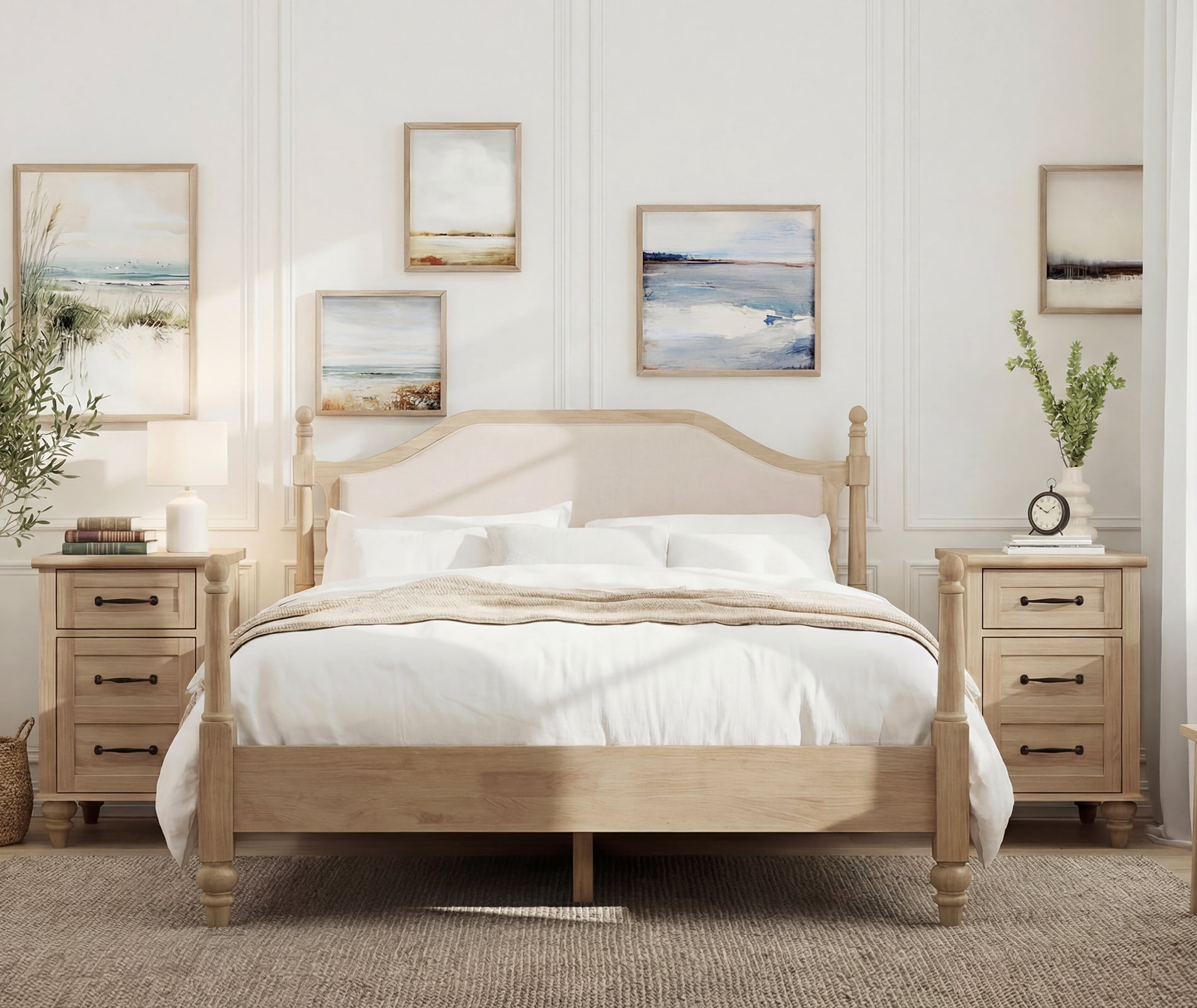 3 Piece Bedroom Set, Queen Bed Frame & 2 Nightstands with Charging Station, 1 Drawer & Storage Cabinet, Oak