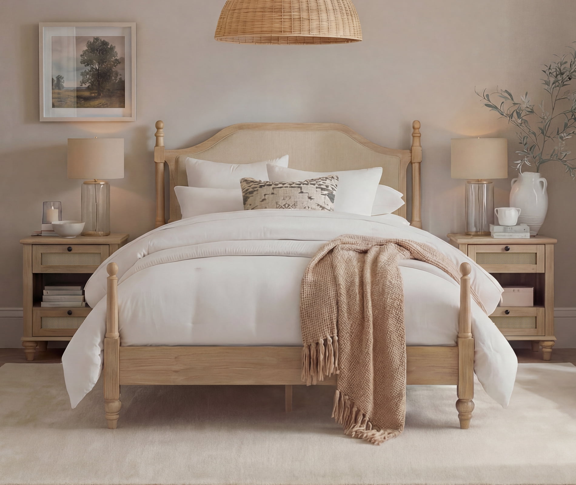 3 Piece Bedroom Set, Queen Bed Frame with Headboard & 2 Rattan Nightstands with Charging Station & Open Storage, Oak