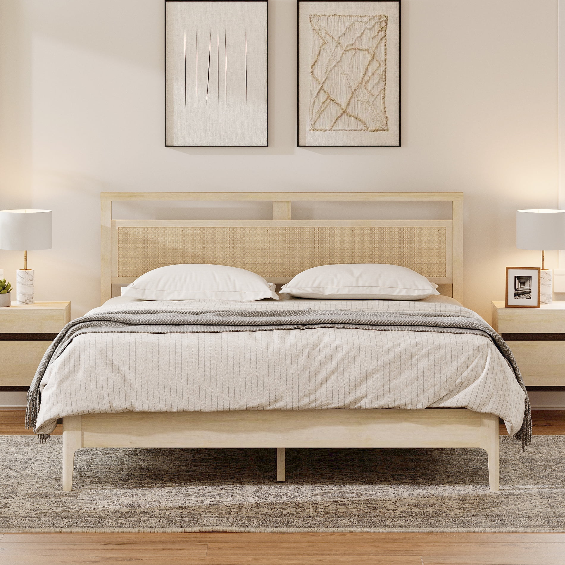 3-Piece Bedroom Set, Queen Bed Frame with Rattan Headboard & 2 Nightstand,Beige