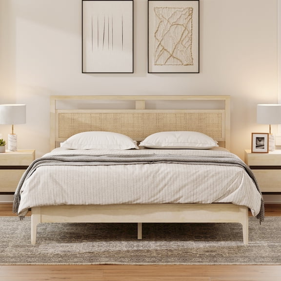 3-Piece Bedroom Set, Queen Bed Frame with Rattan Headboard & 2 Nightstand,Beige