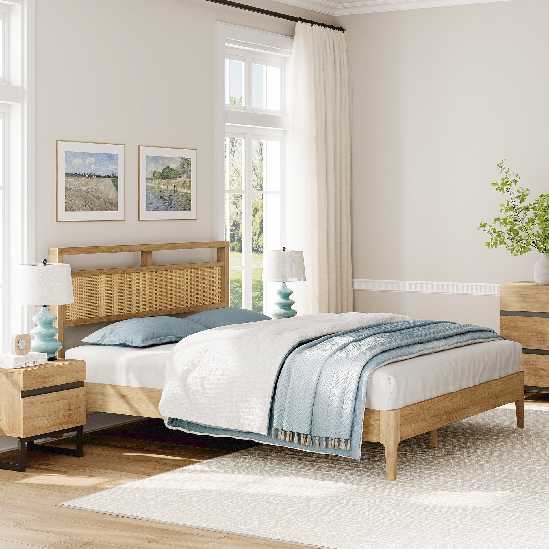 3-Piece Bedroom Set, Queen Bed Frame with Rattan Headboard & 2 Nightstand,Oak