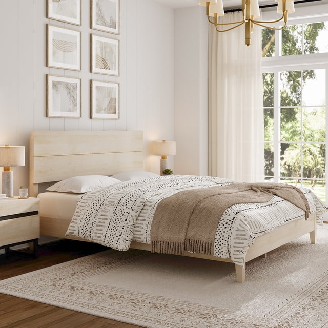 3-Piece Bedroom Set, Queen Bed Frame with Wave Headboard & 2 Nightstand ...