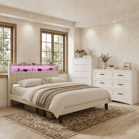 3 Piece Bedroom Set, Queen Upholstered Platform Bed with LED Lights & Charging Station, 2-Drawer Nightstand, Tall 6-Drawer and 6-Drawer Dresser with Anti-Tip Safety Furniture Set - Beige