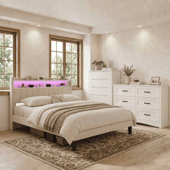 3 Piece Bedroom Set, Queen Upholstered Platform Bed with LED Lights & Charging Station, 2-Drawer Nightstand, Tall 6-Drawer and 6-Drawer Dresser with Anti-Tip Safety Furniture Set - Beige