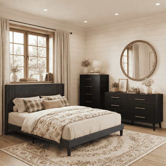 3 Piece Bedroom Set, Queen Upholstered Platform Bed with Headboard, 2-Drawer Nightstand, Tall 5-Drawer and 6-Drawer Dresser with Anti-Tip Safety Furniture Set - Gray