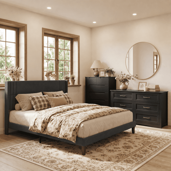 3-Piece Bedroom Furniture Set, Modern Upholstered Bed Frame with LED Lights & Charging Station, 6-Drawer Tall Chest & 47" Wide TV Stand Dresser Suite, Black/Dark Gray