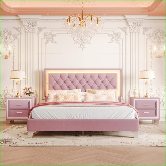 3-Piece Bedroom Set, Queen Upholstered Platform Bed with LED Lights + 2 Nightstands | Pink | Velvet