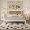 thumbnail image 1 of 3-Pieces Bedroom Sets, Queen Size Wooden Platform Bed Frame with Natural Rattan Headboard and Slats, Nightstands Set of 2 with Rattan-Woven Surfaces and Three Drawers, for Bedroom, White, 1 of 9