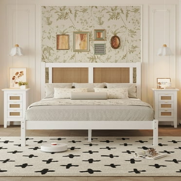 3 Piece Bedroom Set, Queen Wooden Platform Bed with 2 Piece Rattan Surface Bedroom Nightstand with 6 Drawers, Modern Solid Wood Bed Frame with Natural Rattan Headboard, White