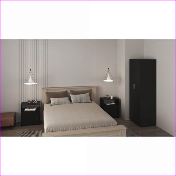 3-Piece Bedroom Set for Small Spaces: Armoire + 2 Nightstands, Black | Particle Board