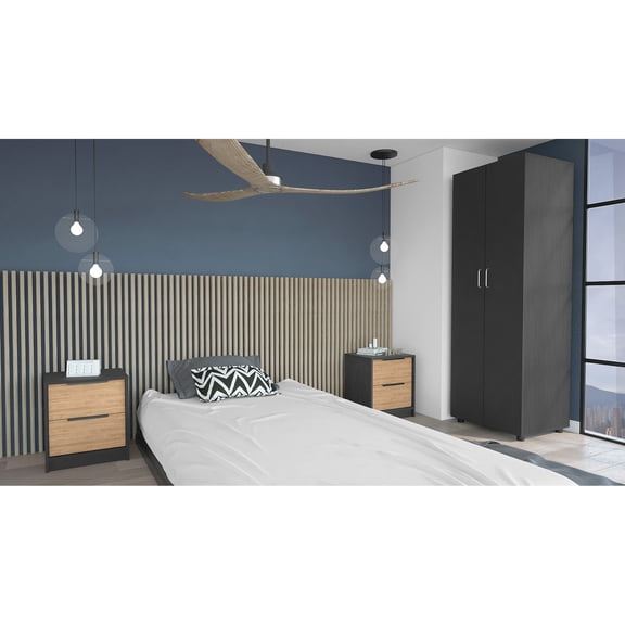 3 Piece Bedroom Set in Black with High - quality Particle Board, Interlocking Design for Quick Assembly in Bedroom, Provides Long - lasting Use