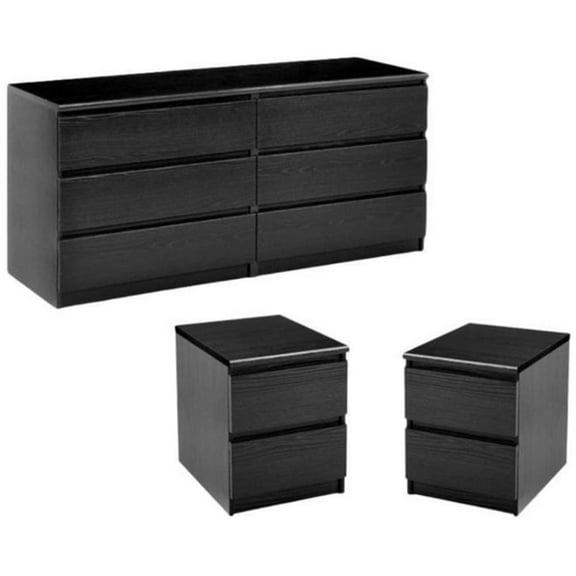 3 Piece Bedroom Set with 6-Drawer Double Dresser and Two Night Stands in Black Woodgrain