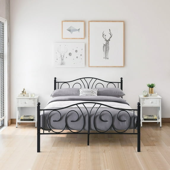 3-Piece Bedroom Sets, Full Size Metal Bed Frame and 2 White Nightstands