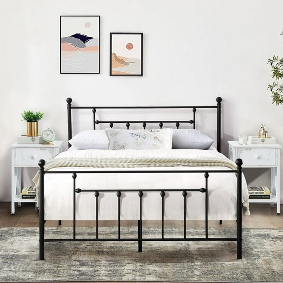 3 Piece Bedroom Sets Full Size Metal Bed Frame and 2 White Nightstands