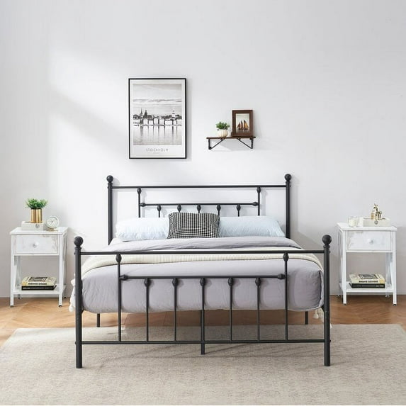 3 Piece Bedroom Sets Queen Size Metal Bed Frame and 2 White Nightstands