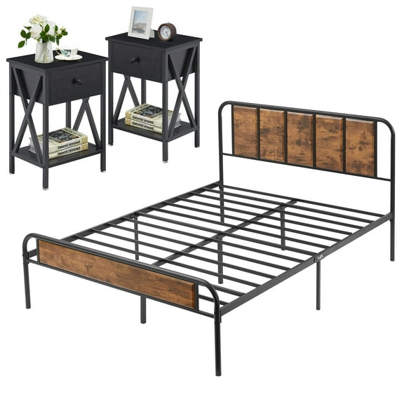 3-Piece Bedroom Size with Queen Platform Bed Frame and 2 Black Nightstands