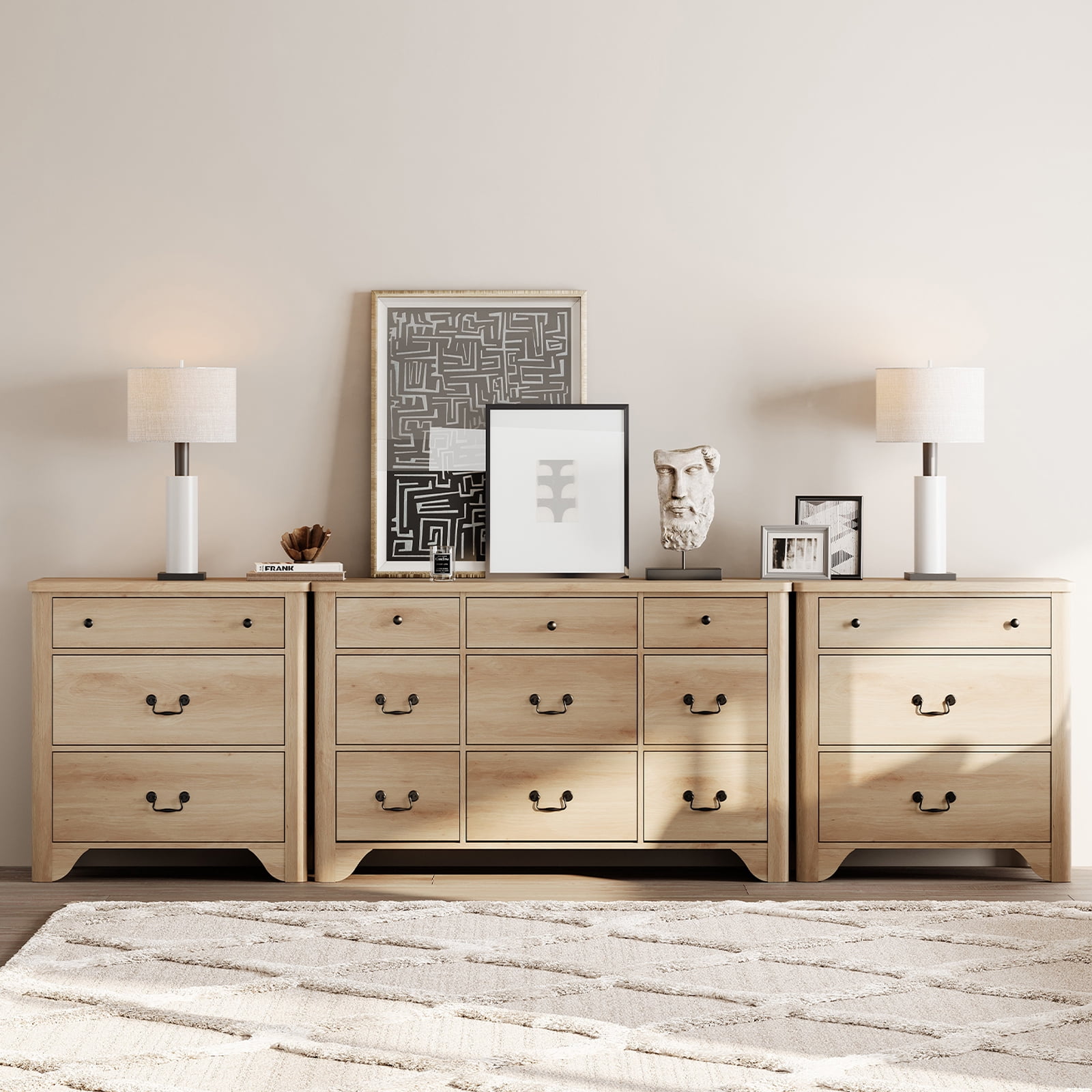 3-Piece Bedroom dresser Set,9 Drawer Dresser And 3 Drawer Dresser Set Of 2