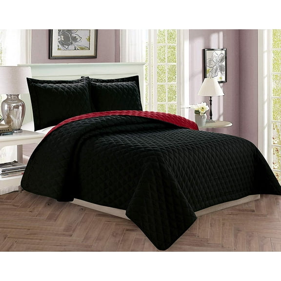 3-Piece Bedspread Coverlet Quilted Set with Shams - Full/Queen, Black/Burgundy