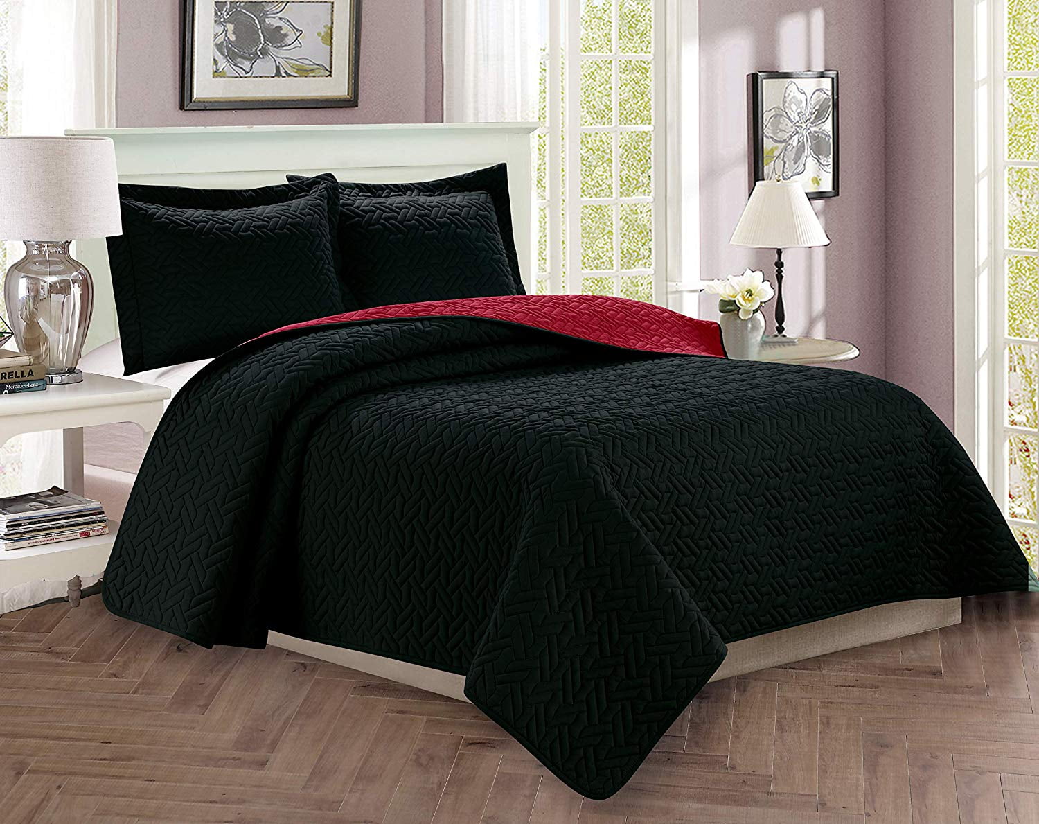 ELEGANT COMFORT 3-Piece Bedspread Coverlet Quilted Set with Shams-King/California King Black/Burgundy