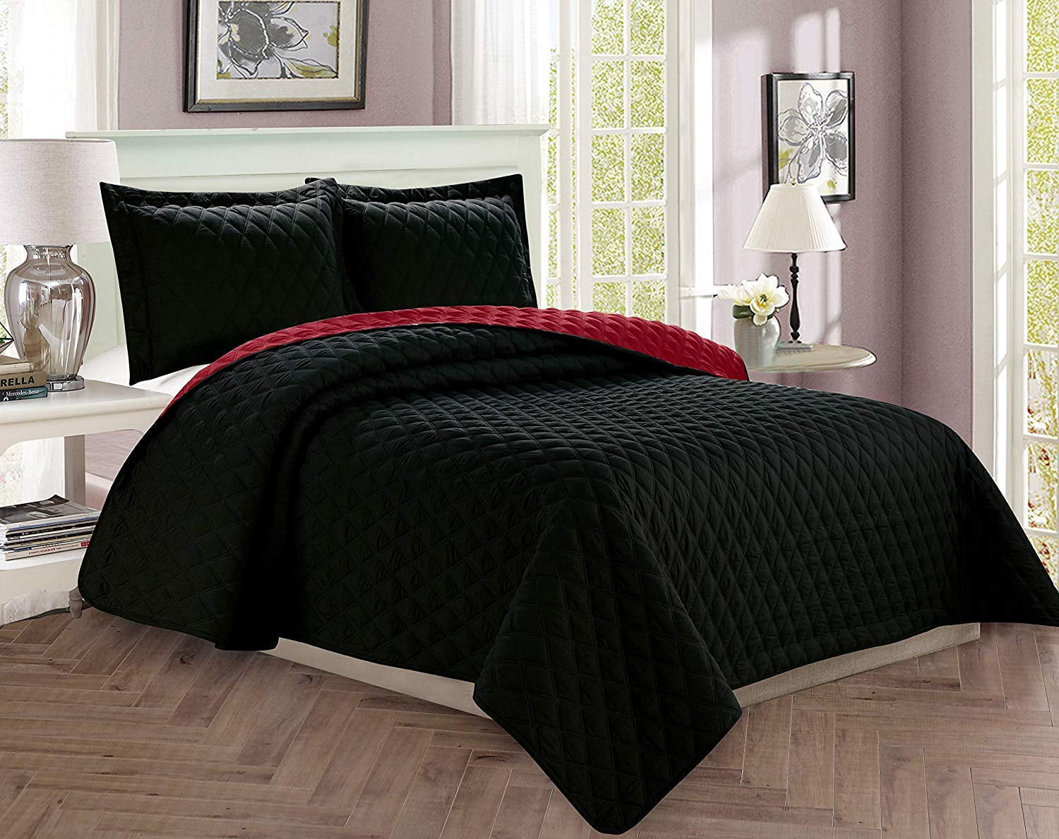3-Piece Bedspread Coverlet Quilted Set with Shams - King/California King, Black/Burgundy
