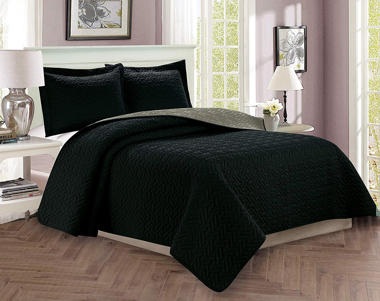 3-Piece Bedspread Coverlet Quilted Set with Shams-King/California King Black/Gray