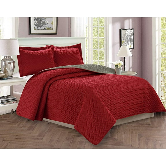 3-Piece Bedspread Coverlet Quilted Set with Shams-King/California King Burgundy/Gray