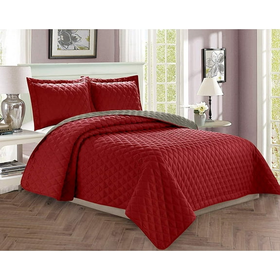 3 Piece Bedspread Coverlet Quilted Set with Shams KingCalifornia King, BurgundyGray