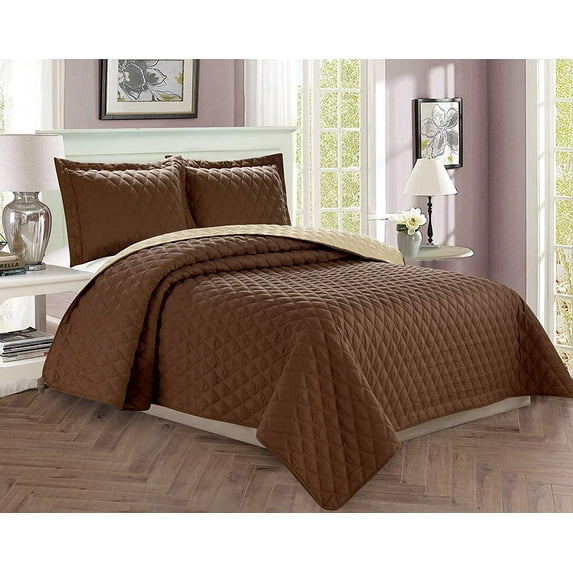 3 Piece Bedspread Coverlet Quilted Set with Shams KingCalifornia King, ChocolateCream