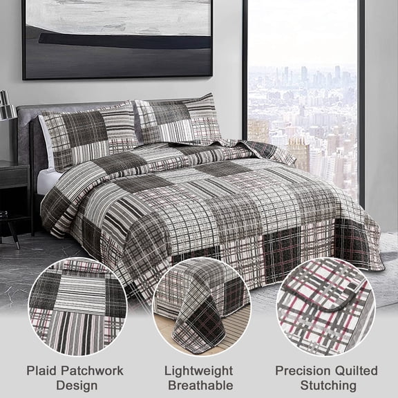 3 Piece Bedspread Set King Size Quilt Home Collection Modern Plaid Patchwork Bedding Mens Reversible Quilt Bedding Microfibers Lightweight Bedspread Coverlet