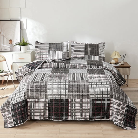 3 Piece Bedspread Set King Size Quilt Home Collection Modern Plaid Patchwork Bedding Mens Reversible Quilt Bedding Microfibers Lightweight Bedspread Coverlet