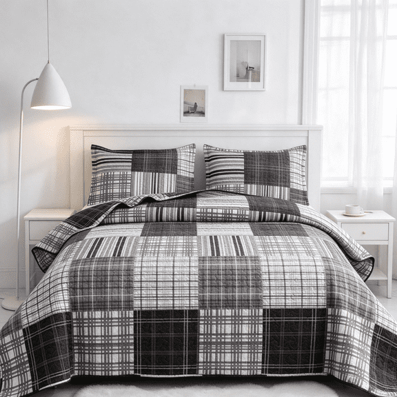 Smuge 3 Piece Full/Queen Size Reversible Check Plaid Patchwork Quilt Set, Lightweight Soft Microfiber Coverlet Bedspread,Black Grey Burgundy