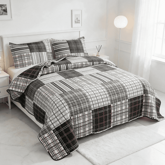 Smuge 3 Piece Full/Queen Size Reversible Check Plaid Patchwork Quilt Set, Lightweight Soft Microfiber Coverlet Bedspread,Black Grey Burgundy