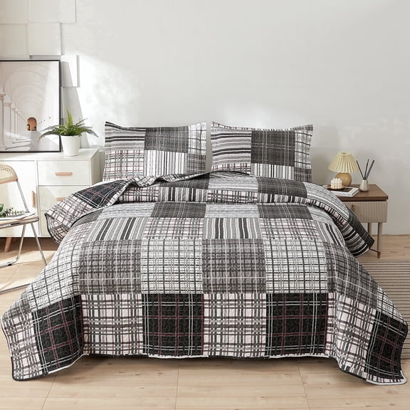 Smuge 3 Piece Reversible Quilt Set, Twin Size Soft Microfiber Lightweight Bedspread Coverlet, Modern Plaid Patchwork Bedding