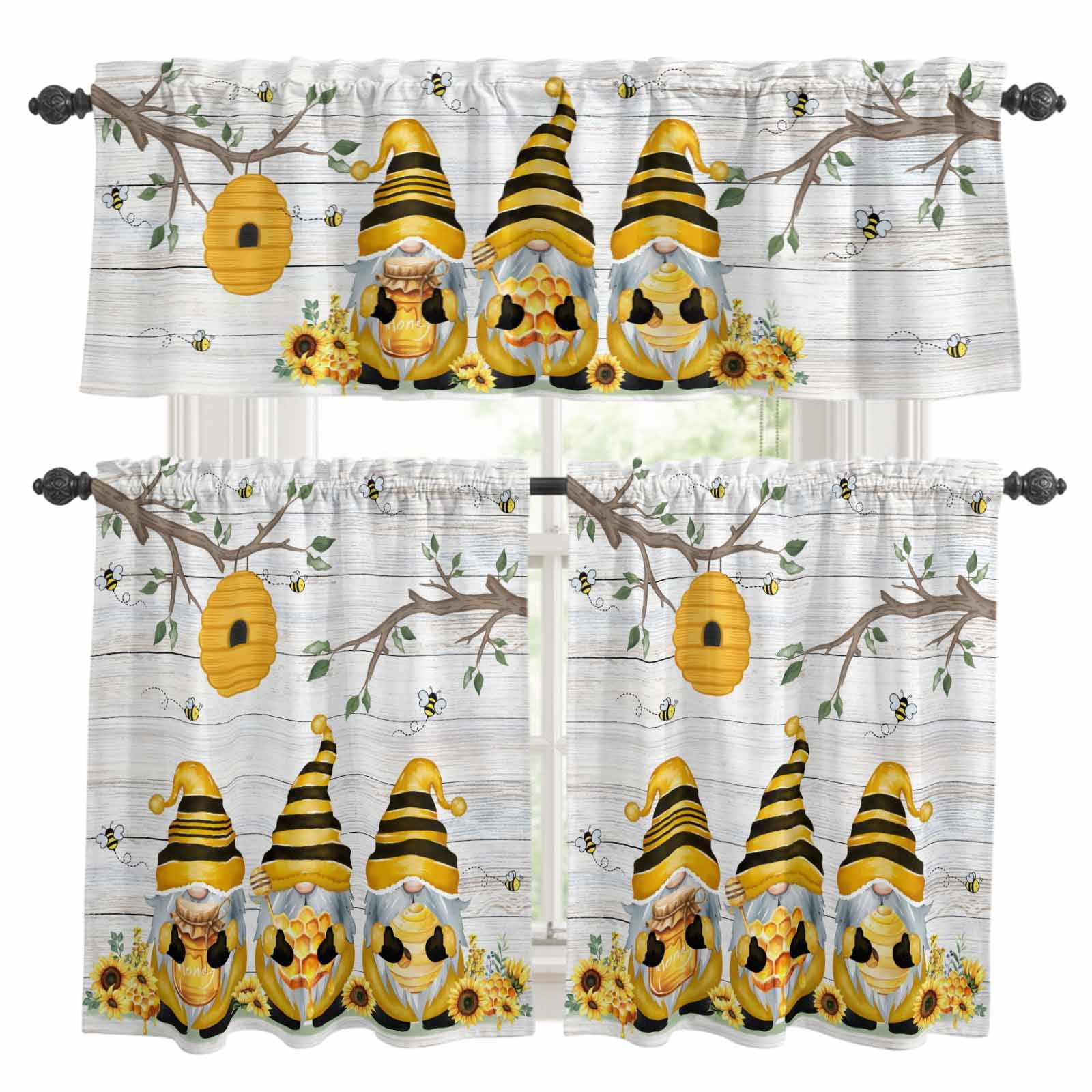 3 Piece Bees Dwarfs Kitchen Curtain Valance and Tiers Set Yellow ...