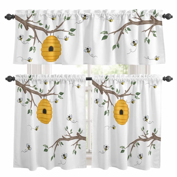 3 Piece Bees Honeycomb Kitchen Curtain Valance and Tiers Set Branch Spring Flower Plant Farmhouses Rod Pocket Tier Curtain 36 Inch Small Window Drapes for Living Room Bedroom Cafe Home Decor