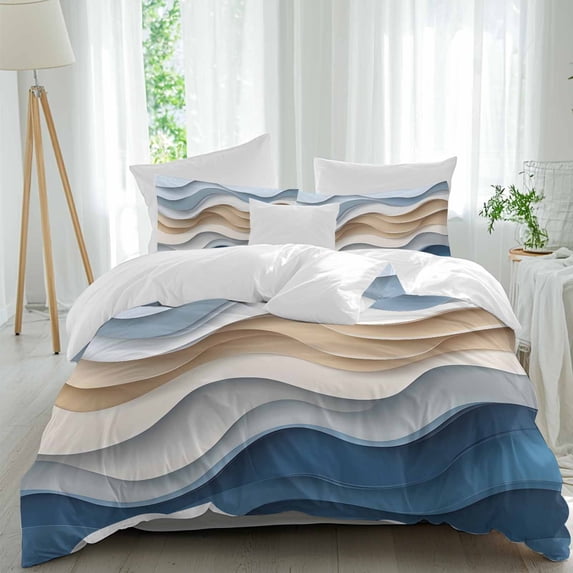3 Piece Beige Blue Ombre Duvet Cover Set Twin Size, Microfiber Comforter/Quilt Cover with Corner Ties and 2 Pillowcases, Moire Abstract Artwork All Season Soft Bedding with Zipper Closure
