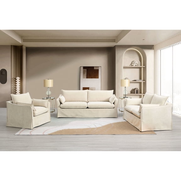 3-Piece Beige Linen Living Room Set | Ideal for Relaxing in the Living Room | High - Quality Pine Wood Frame and Linen Fabric | Solves the Problem of Insufficient Seating