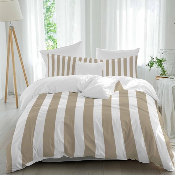 3 Piece Beige Striped Duvet Cover Set California King,Microfiber Comforter/Quilt Cover with Corner Ties and 2 Pillowcases,Modern Farmhouse Beige White Stripes All Season Bedding with Zipper Closure