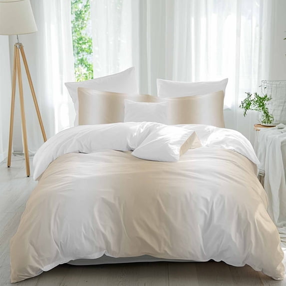 3 Piece Beige White Ombre Duvet Cover Set Queen Size,Microfiber Comforter/Quilt Cover with Corner Ties and 2 Pillowcases,Country Minimalist Abstract Gradient All Season Bedding with Zipper Closure