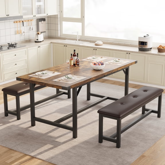 3-Piece Bench Style Dining Table Set, Extendable Kitchen Table with 2 Benches, Wooden Dining Room Table Set for 4-6 People, Space Saving Dinette Set for Home, Kitchen, Apartment