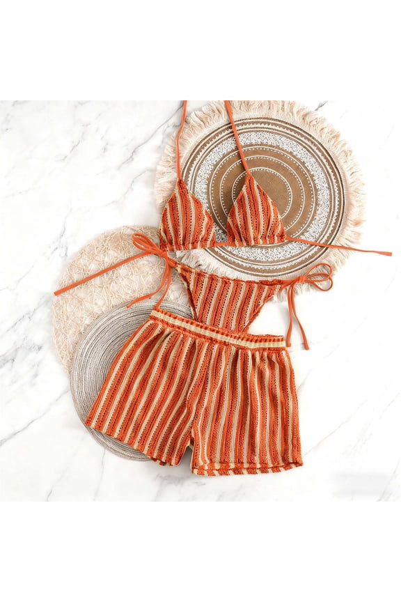 3 Piece Bikini Set for Women Ribbed Triangle Top and Tie Side Bottom with Matching Beach Shorts Striped Print Bathing Suit