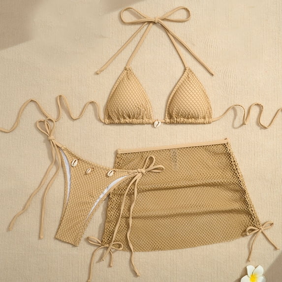 3 Piece Bikini Sets for Women Mesh Fishnet Triangle Halter Top with Tie Side Briefs and Mini Skirt Cover Up Set High Cut Charming Bathing Suits